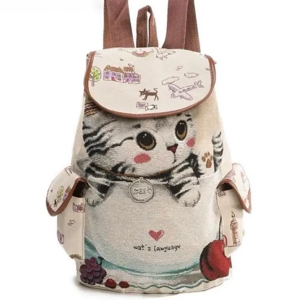 Kawaii Canvas Backpack with Adorable Japanese Cat Artwork