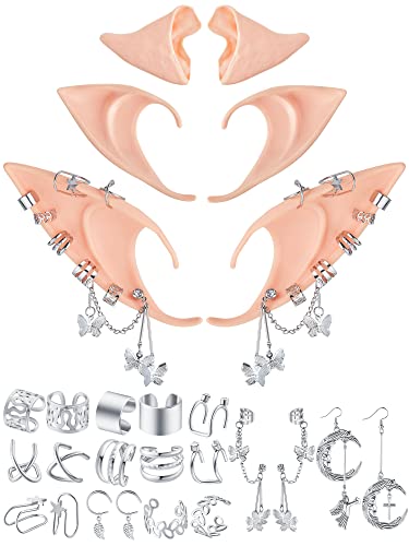 13 Pairs Elf Ears with Elf Earrings Set Fairy Soft Pointed Ears Elf Earrings Cuffs for Women Girls Costume Cosplay Accessories Halloween Anime Party - Stylish Style