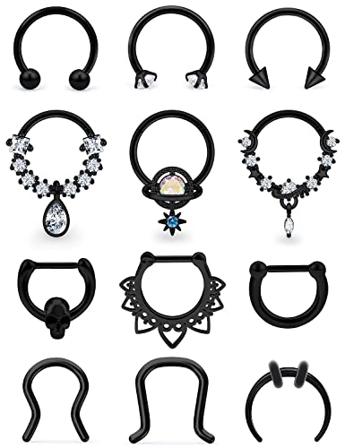 Vsnnsns 16G Septum Jewelry Septum Ring Piercing Jewelry Septum Clicker Ring and Horseshoe Barbell Stainless Steel Ring Septum Nose Rings Hoop Piercing Jewelry for Men Women 10mm 12pcs - Black Tone