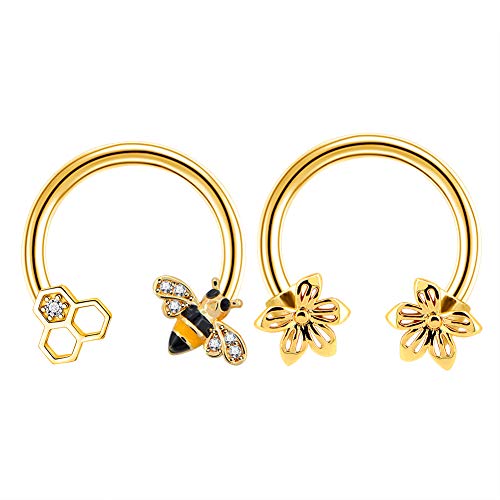 Jewseen 2PCS Septum Ring 16G 316L Surgical Steel Cartilage Earring Hoop Nose Ring Cute Bee Captive Bead Rings Tragus Daith Rook Helix Piercing Jewelry - 16G=1.2mm