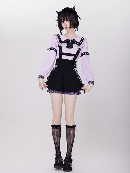 [$30.00]Heart Buckle Shoulder Straps and Lace-up Details Jirai Kei Black Overall Shorts