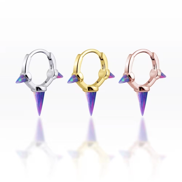 Triple Spike Opal Plain Huggie Hoop,Spike hoop, Punk Hoop, Hoop earrings, Dainty hoops, Huggie hoops, Thin hoop (1pc)