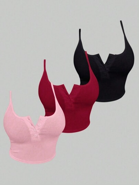 Chiquease Summer Ribbed Buttoned Half-Open Strap Camisole