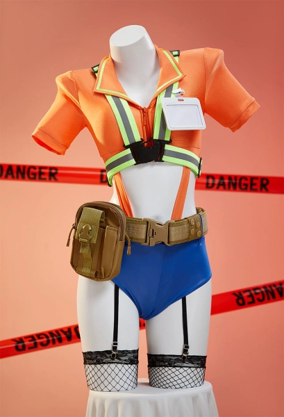 Construction Worker Gender Swap Sexy Halloween Costume Sexy Cosplay Outfit Fluorescent Color Bodysuit with Panty and Mesh Stockings