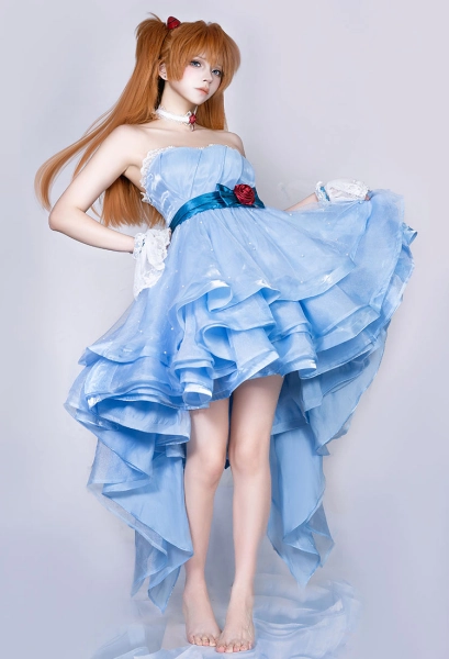 EVA Cosplay Costume Blue Dress with Belt Choker