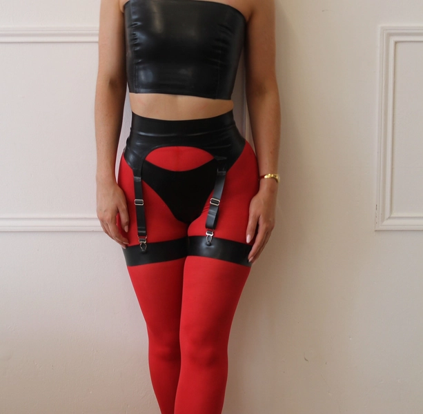 Latex Adjustable Strap Garter Belt with Thigh Bands. Custom Made.