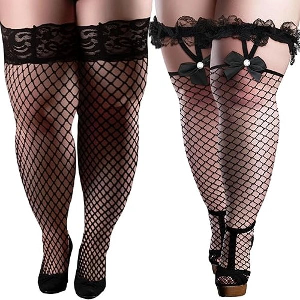 Shyyween 2 Pcs Plus Size Thigh High Fishnet Stockings, Black Stay up Lingerie Bow/Lace Top Pantyhose Lace Stockings for Curvy Women Plus Size Valentine‘s Day Dress