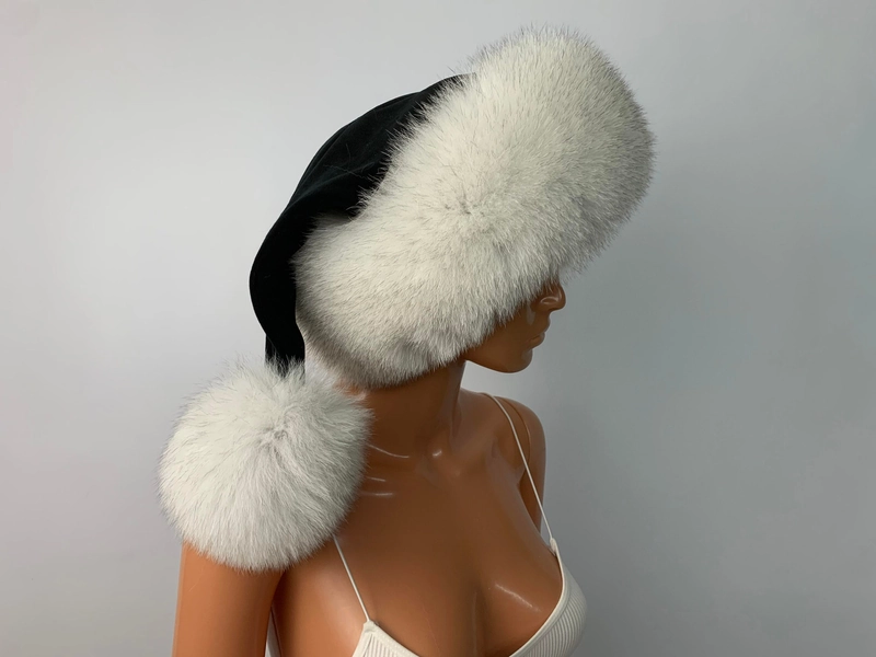 Blue fox Santa hat with black velvet top with pompon