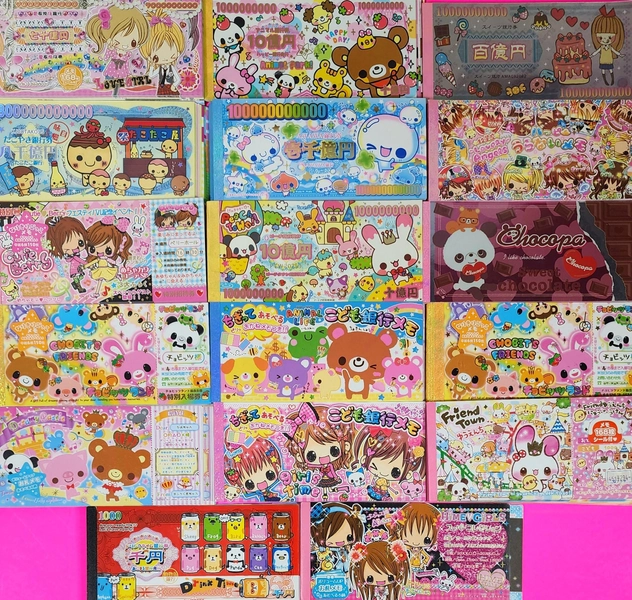 25-piece kawaii Bill/Coupon style Loose memo sheets in size Large . All Vintage/Rare/HTF Japanese brands: Q-Lia, Kamio Japan,Crux, & San-x