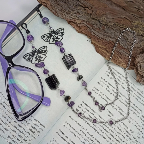 Gothic glasses chain with amethyst beads and raw black tourmaline stones Glasses chains witchy Eyewear chain Eyeglass chain
