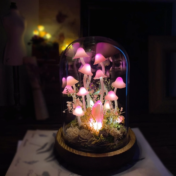 Fairy Tale Pink Mushroom Lamp, Handmade Mushroom Night Light with Glowing Crystal, Enchanted Forest Decor, Unique Birthday Anniversary Gifts