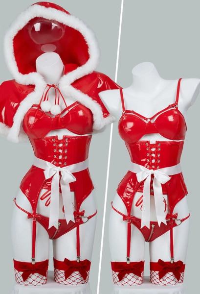 🎄 CHRISTMAS 🎄Christmas Sexy Lingerie Set Red Bra Panty and Corset with Furry Short Cape Stockings
