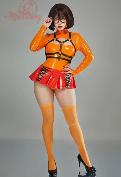 Velma Derivative Sexy Lingerie Costume Halloween Outfit Orange Chest Open Bodysuit and Lace-up Mini Skirt with Socks