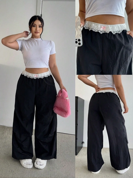 SHEIN POPSWAY Trendy Street Lace Waistband Woven Loose Palazzo Pants, Casual & Sports, Baile Style For Women