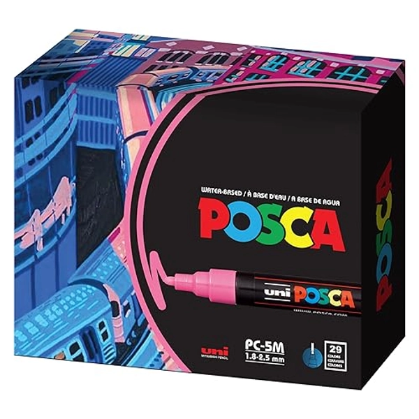 29 Medium Posca Markers with 5M Reversible Tips - Coloring Markers, Set of Acrylic Paint Pens for Art Supplies, Fabric Paint, Fabric/Art Markers