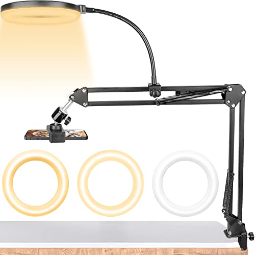 Overhead Phone Mount with Ring Light, ChromLives Overhead Tripod Phone Holder Mount for Video Recording, Flexible Articulating Arm Overhead Phone Stand Top Down Camera Mount with Light - phone stand with light