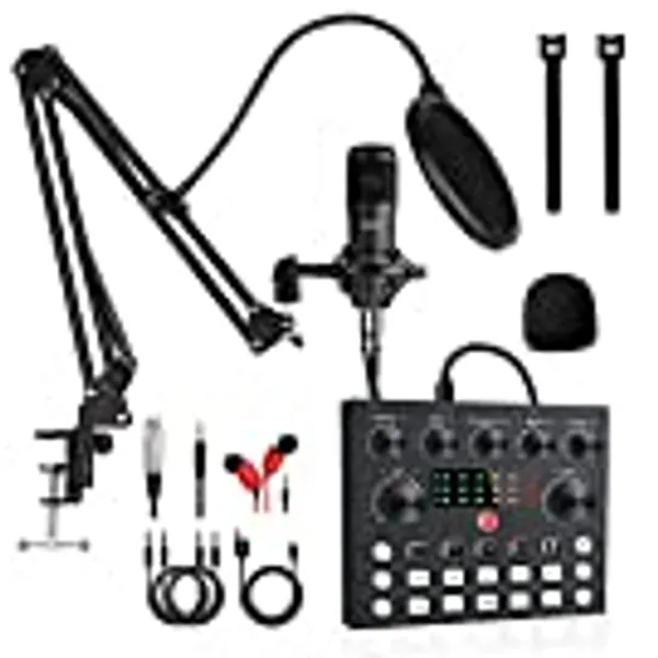 Podcast Equipment Bundle,Audio Interface with All-In-One DJ Mixer and Studio Broadcast Microphone, Perfect for Recording,Live Streaming,Gaming,Compatible with PC,Smartphone,Play Station