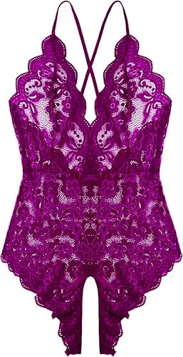 Women One Piece Lingerie Sexy Teddy Lingerie V Neck Sexy Bodysuit Lace Nightie - Medium - Purple