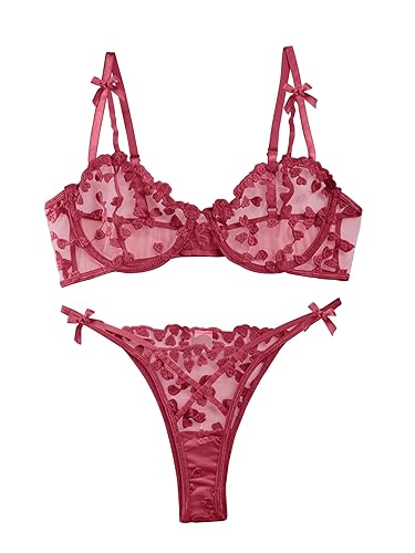 Lilosy Sexy Underwire Cute Push Up Strappy Embroidered Mesh Sheer Lingerie Set See Through Panty Bra - Bows - Small - Bow Burgundy Red