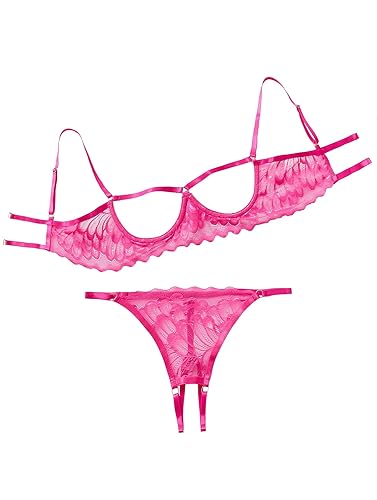 Lilosy Sexy Underwire Floral Lace Sheer Lingerie Set for Women See Through Bra and Panty 2 Piece - Medium - Hot Pink
