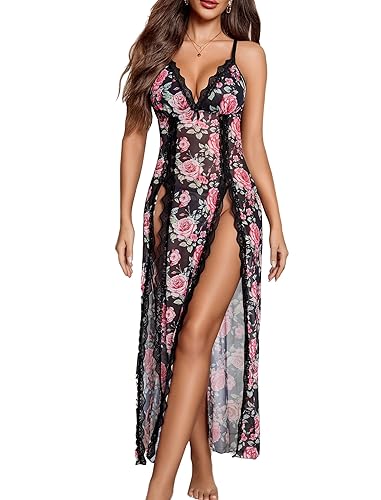 Avidlove Women Lingerie Lace Babydoll Chemise Sexy Mesh Nightdress V Neck Nightwear Side Split Nightgown - Black Rose Floral - Small