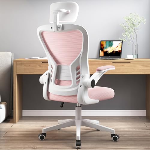 TJ HOMOFU Ergonomic Office Chair, Headrest Desk Chair，Home Office Swivel Task Chair with Adjustable Height, Lumbar Support and Backrest 90-120 Adjustable Computer Executive Desk Chair，Pink - Pink - With Headrest