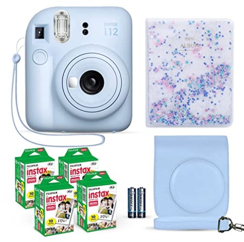 Fujifilm Instax Mini 12 Instant Camera Pastel Blue + Fuji Film Value Pack (40 Sheets) + Shutter Accessories Bundle, Incl. Compatible Carrying Case, Quicksand Beads Photo Album 64 Pockets - Pastel Blue
