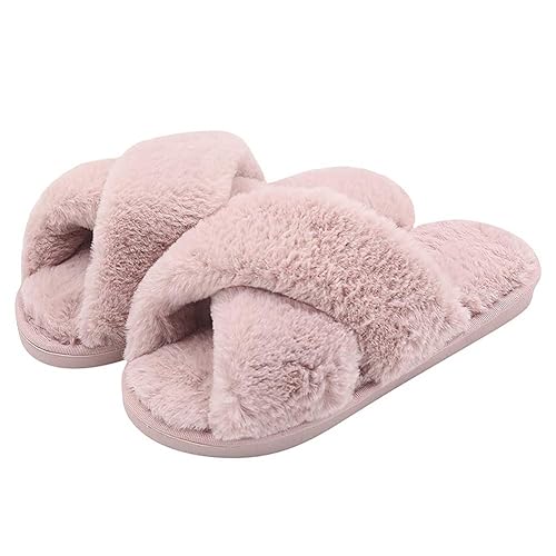 Slippers Womens Fluffy Slides Open Toe Slippers for Ladies Faux Fur Slippers Cute Comfortable House Slippers for Girls - 4.5/5.5 UK - 01 Pink