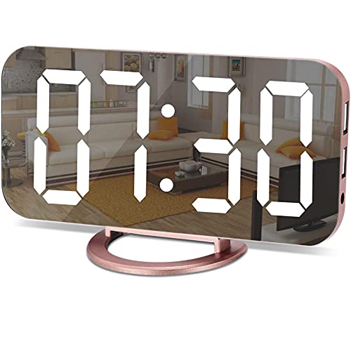 SZELAM Alarm Clock for Bedroom,LED and Mirror Digital Clock Large Display,with Dual USB Charger Ports,Auto Dim,Snooze Mode,Modern Desk/Wall Electronic Clock for Girl Woman Mom Teens - Rose Gold - Rose gold
