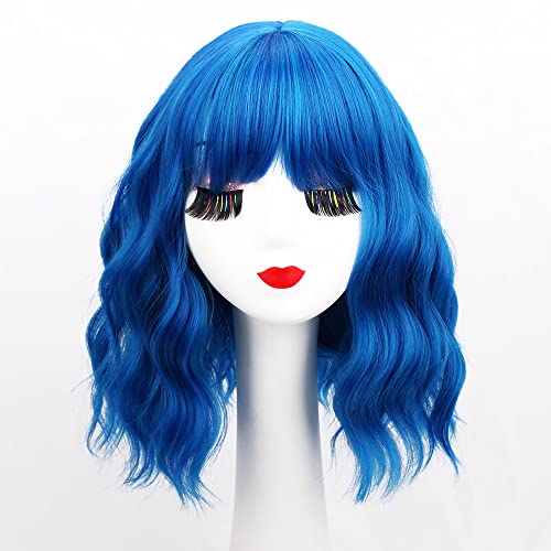 MONLER Bob Wig with Bangs for Women Loose Wavy Wig Curly Wavy Wig Shoulder Length Short Bob Synthetic Cosplay Wig for Girl Colorful Costume Wigs12in (Blue) - Blue