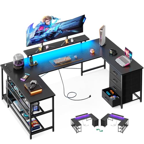 ODK U Shaped Desk with Power Outlets & LED Strip & Monitor Stand, 66" Reversible L Shaped Desk with Drawers and Storage Shelf, Home Office Gaming Desk, Black - Black