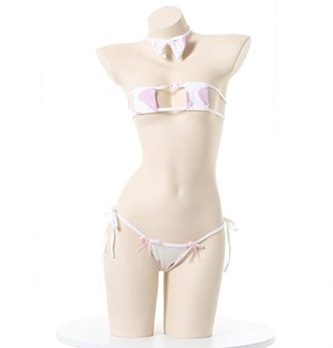 SINROYEE Womens Sexy Cow Cosplay Bikini Lolita Maid Outfit Kawaii Bra and Panty Set Japanese Anime Lingerie - Square Bikini #Pink