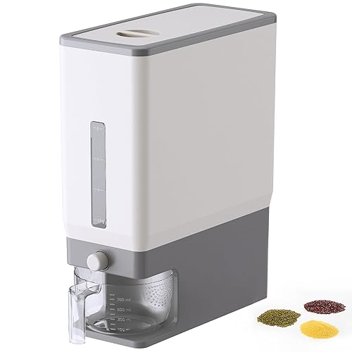 Lifewit Large Rice Dispenser Container 25.4 Lbs, Airtight Cereal Storage Containers with Measuring Cup, Sealed Moisture Proof Rice Bucket, Dry Food Grain Flour Soybean for Kitchen Household, BPA-Free - Light Grey