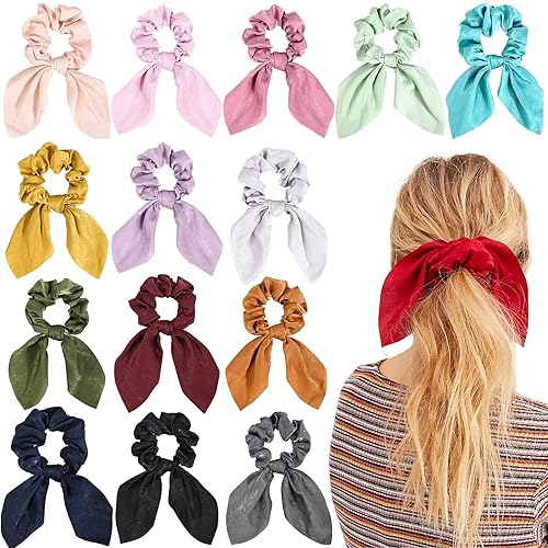 14 PCS Bow Hair Scrunchies Bunny Ears Silk Scrunchies Hair Ties Bobbles Elastic Hair Ties Ropes Ponytail Holder Hair Accessories for Women - 14PCS Bow Scrunchies