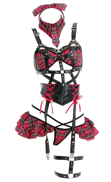 MEOWCOS Damen Sexy Dessous Plaid Dessous Set Rüschen Strumpfband Nachtwäsche mit Stirnband und Strümpfen