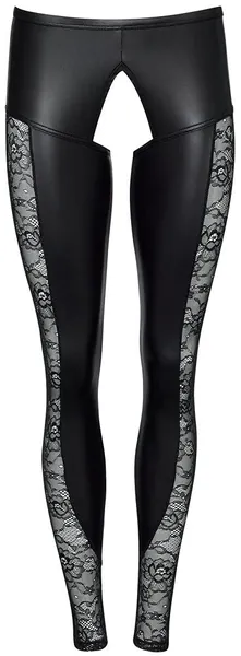 Orion Leggings & String - 2-teiliges Leggings-Set für Frauen, mit String, ouvert geschnitten, Spitzenverzierungen, Cut-Outs, schwarz