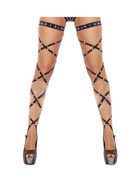 Flayem Glänzende Strumpfbänder Beinwickel Sexy Kristallschwarzes elastisches Strumpfband Raves Cross Bandage Music Festival Kostüm für Frauen