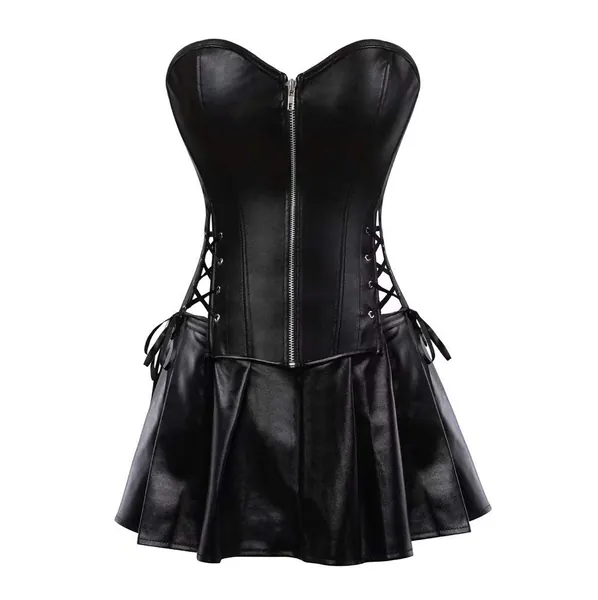 Korsett Kunstleder Corsage Kleid Rock Lack Leder Reißverschluss Damen Burlesque Steampunk