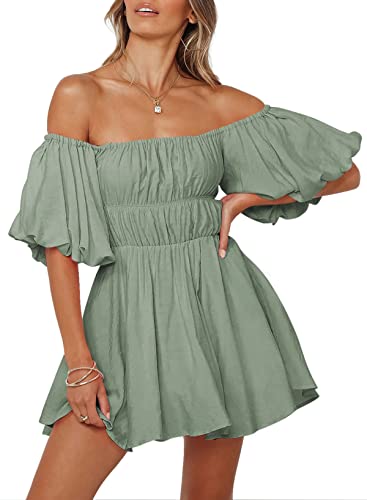 Dokotoo Womens Off Shoulder Summer Dresses Short Lantern Sleeve Ruffle Elastic Waist A-Line Casual Mini Dress - B Green - Medium