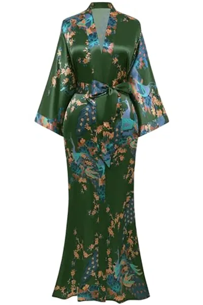 BABEYOND Women's Kimono Robe Long Satin Robes with Peacock and Blossoms Printed Kimono Nightgown
