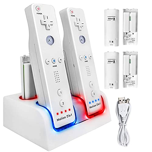 TechKen Charging Docking Station for Wii Controller, Remote Charger Dock Stand Cable Adapter with 4 Rechargeable Batteries (White) - White
