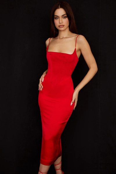 Clothing : Midi Dresses : 'Anais' Scarlet Satin Pointed Corset Midi Dress