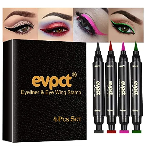 evpct Winged Wing Colored Eyeliners Stamps Stencil Wingliner Liquid Set Eye Liners for Women 4 Color Black Red Pink Green Cat Eye Face Stamp Liquid Eyeliner Colorful Makeup Set Multicolor Waterproof