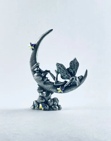 Pewter Fairy on Crescent Moon with Sparkling Wings