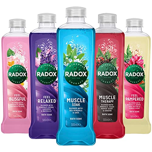 Radox Mixed Pack Bath Soak - Pack of 10 x 500ml Bottles (3 x Muscle Soak, 1 x Muscle Therapy, 2 x Feel Relaxed, 2 x Feel Blissful, 2 x Feel Pampered)