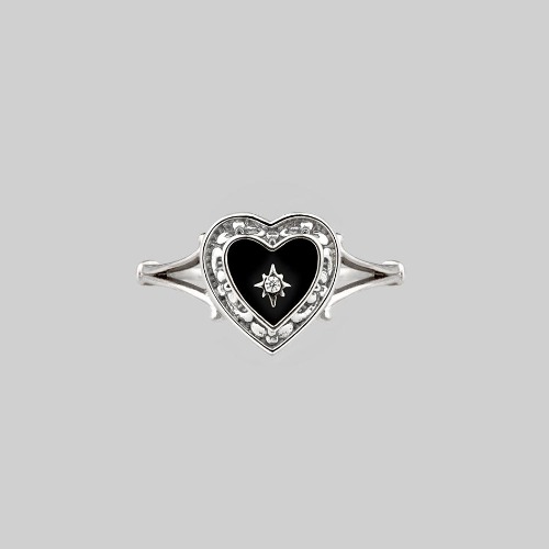 SOLEMN. Black Enamel Heart Ring - Silver | Silver / XSmall