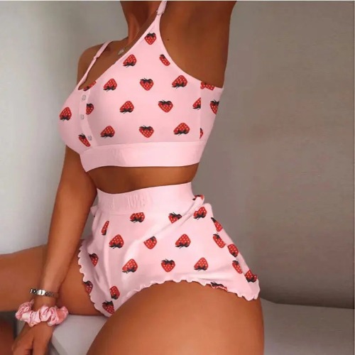 Women's Pajama Shorts Camisole Loungewear - Pink Strawberries / M