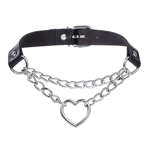 FM FM42 PU Simulated Leather Gothic Punk Black-tone Silver-tone Heart Ring Cuban Curb Link Chain Adjustable Neckband Collar Choker - Silver-tone, Black
