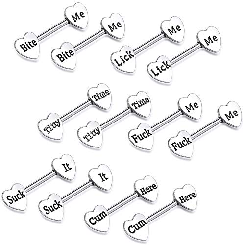 6 Pairs Heart Shaped Nipple Tongue Rings 14G Stainless Steel Nipple Barbell Rings Body Piercing Jewelries for Women - Silver