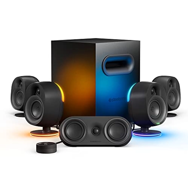 SteelSeries Arena 9 Illuminated 5.1 Desktop Gaming Speakers – 5.1 USB Surround Sound – Wireless Rear Speakers – 2-Way Speaker Design – Subwoofer – RGB Light, Bluetooth – PC, PlayStation, Mobile, Mac